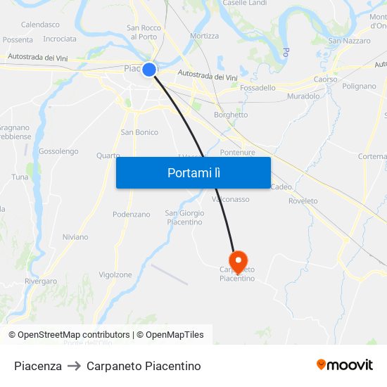 Piacenza to Carpaneto Piacentino map