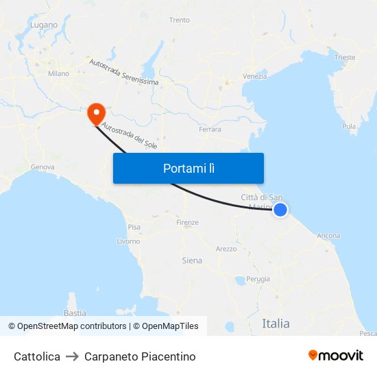 Cattolica to Carpaneto Piacentino map