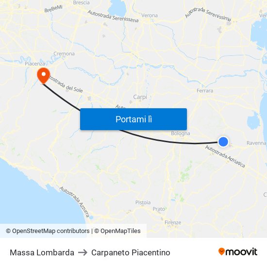 Massa Lombarda to Carpaneto Piacentino map