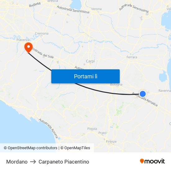 Mordano to Carpaneto Piacentino map