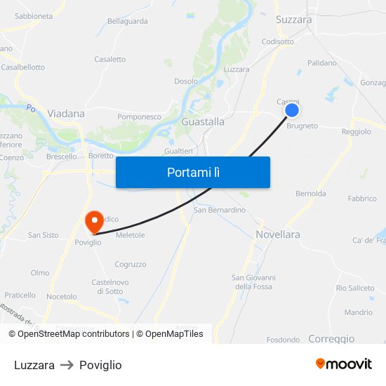 Luzzara to Poviglio map