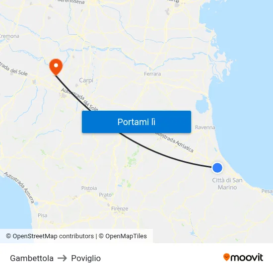 Gambettola to Poviglio map