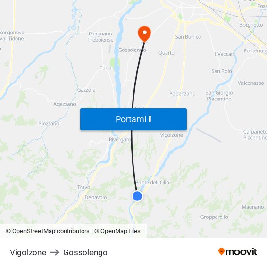 Vigolzone to Gossolengo map