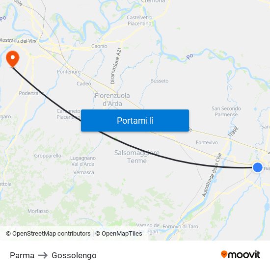 Parma to Gossolengo map