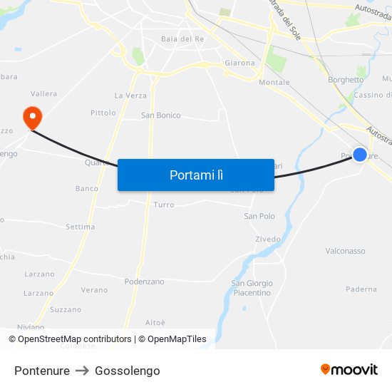 Pontenure to Gossolengo map