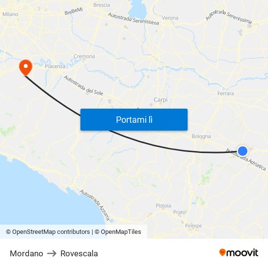 Mordano to Rovescala map