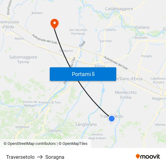 Traversetolo to Soragna map