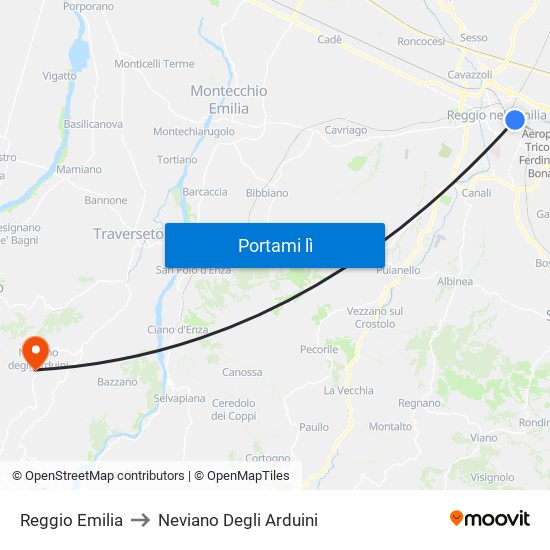 Reggio Emilia to Neviano Degli Arduini map