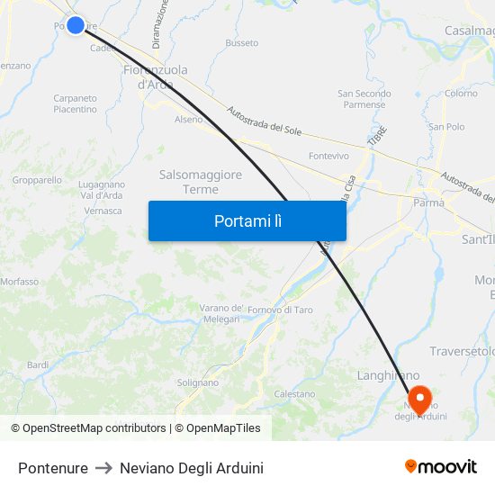 Pontenure to Neviano Degli Arduini map