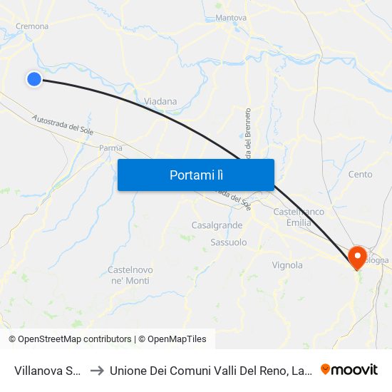 Villanova Sull'Arda to Unione Dei Comuni Valli Del Reno, Lavino E Samoggia map