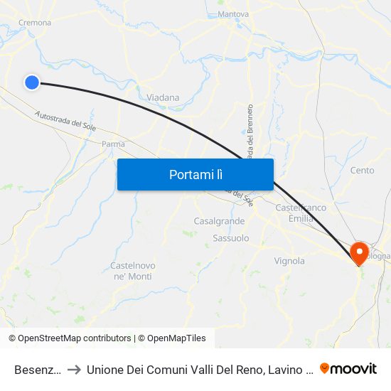 Besenzone to Unione Dei Comuni Valli Del Reno, Lavino E Samoggia map
