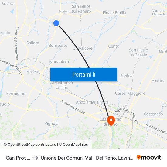 San Prospero to Unione Dei Comuni Valli Del Reno, Lavino E Samoggia map