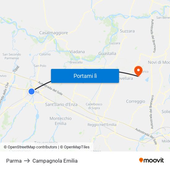 Parma to Campagnola Emilia map