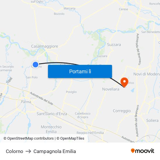Colorno to Campagnola Emilia map