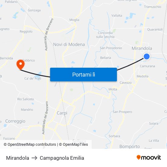 Mirandola to Campagnola Emilia map