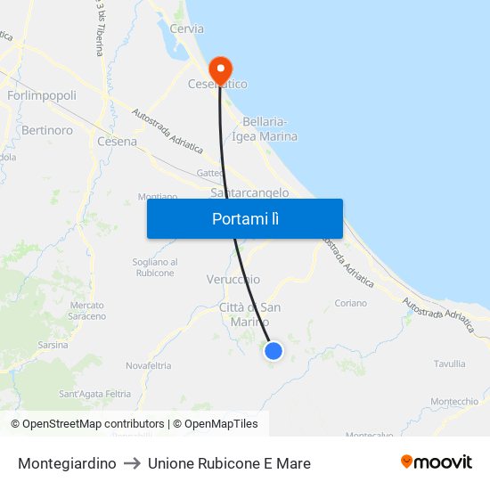 Montegiardino to Unione Rubicone E Mare map