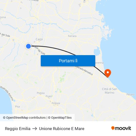 Reggio Emilia to Unione Rubicone E Mare map