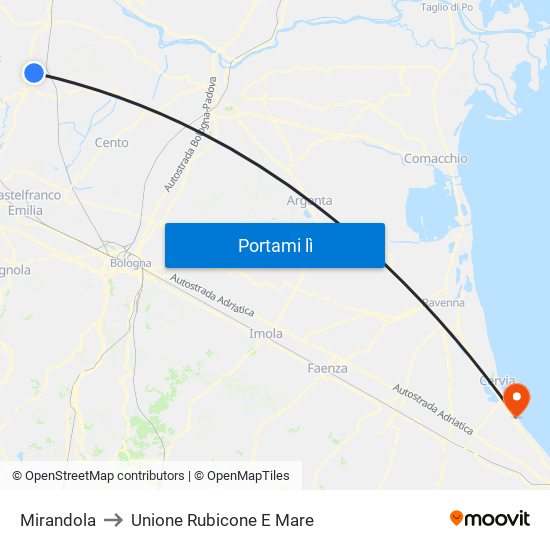 Mirandola to Unione Rubicone E Mare map