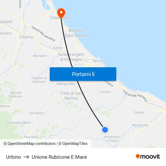 Urbino to Unione Rubicone E Mare map