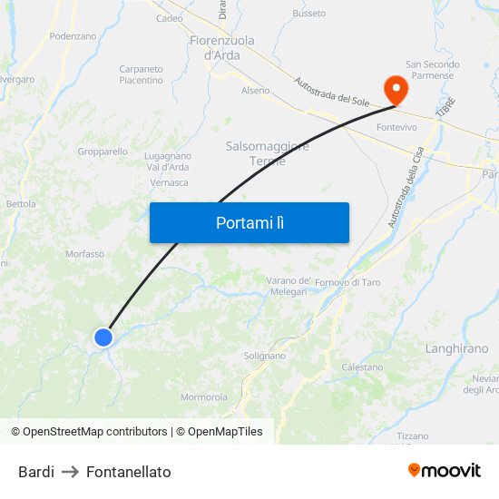 Bardi to Fontanellato map