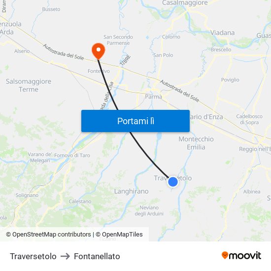 Traversetolo to Fontanellato map
