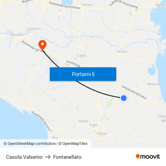 Casola Valsenio to Fontanellato map