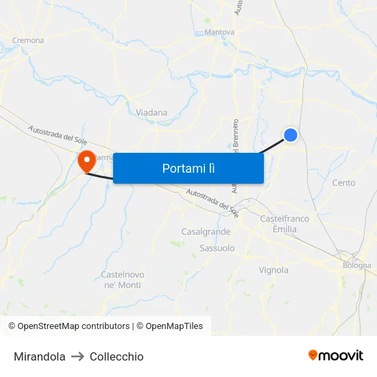 Mirandola to Collecchio map