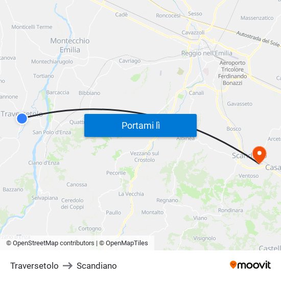 Traversetolo to Scandiano map