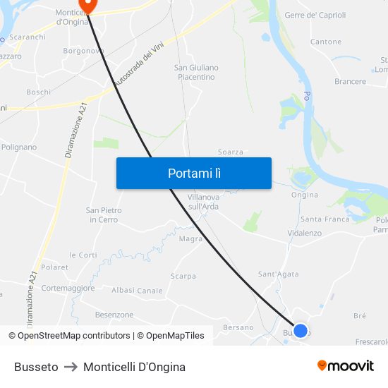 Busseto to Monticelli D'Ongina map