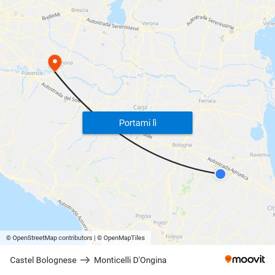 Castel Bolognese to Monticelli D'Ongina map