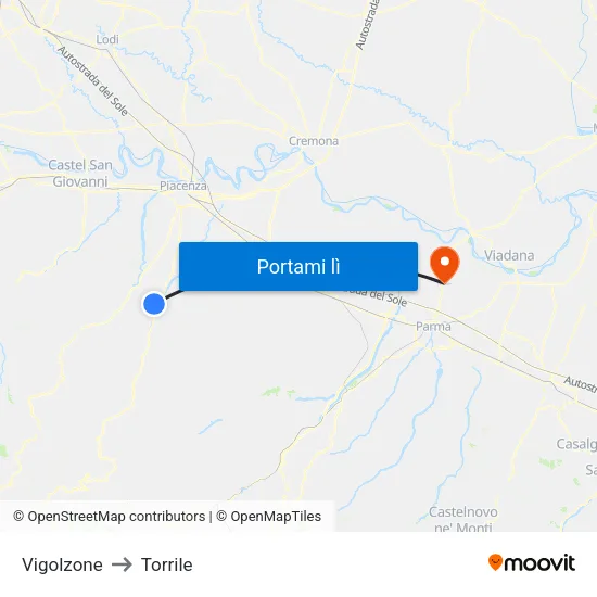 Vigolzone to Torrile map
