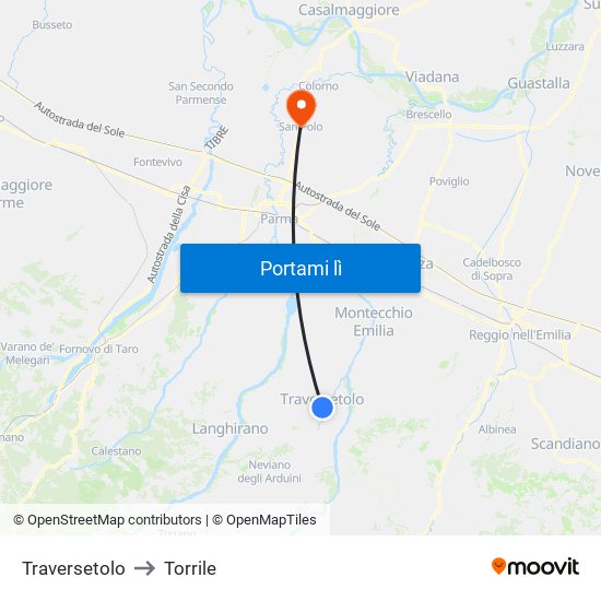 Traversetolo to Torrile map