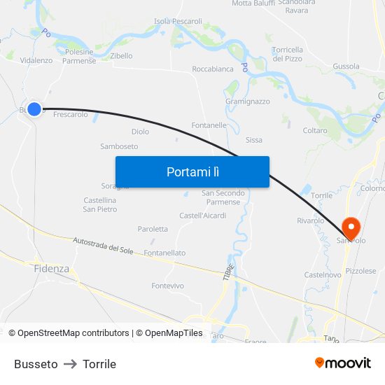 Busseto to Torrile map