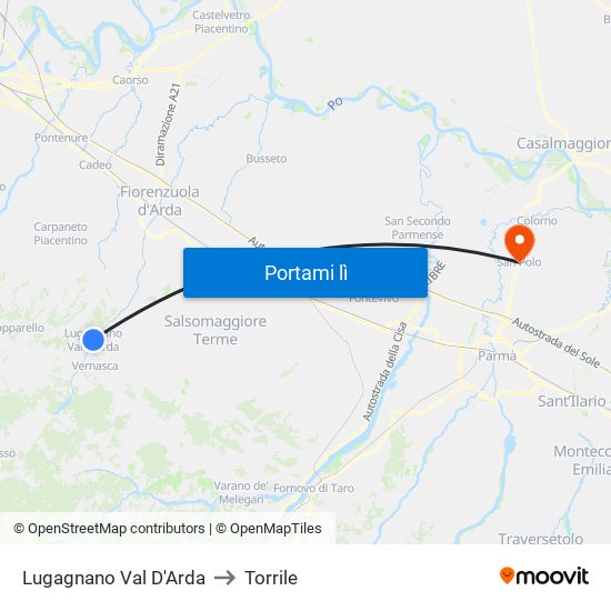 Lugagnano Val D'Arda to Torrile map