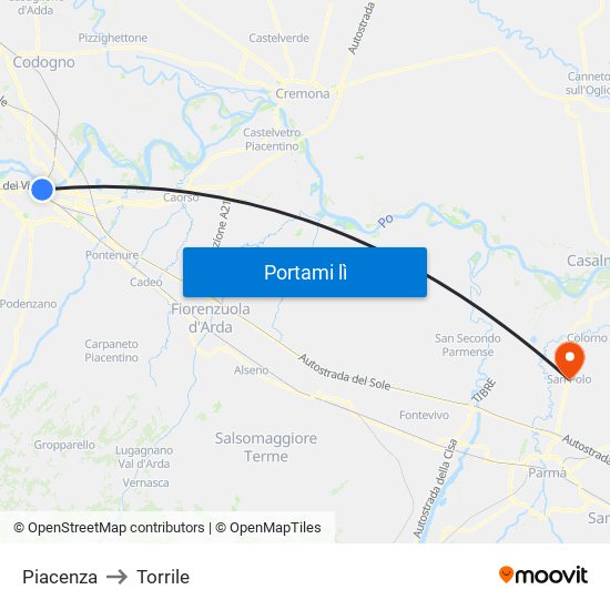 Piacenza to Torrile map