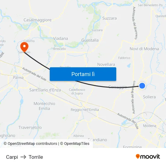 Carpi to Torrile map