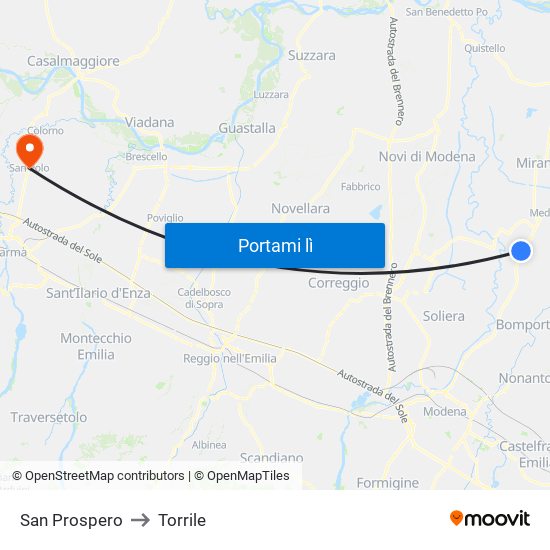 San Prospero to Torrile map