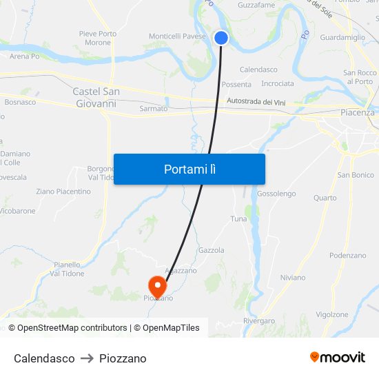 Calendasco to Piozzano map