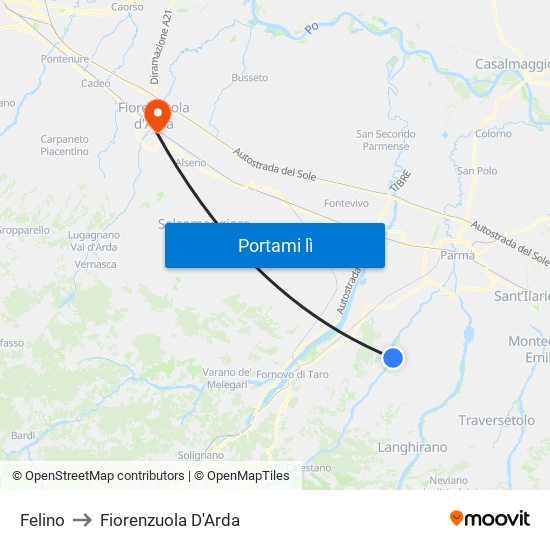 Felino to Fiorenzuola D'Arda map