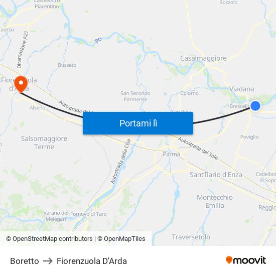 Boretto to Fiorenzuola D'Arda map