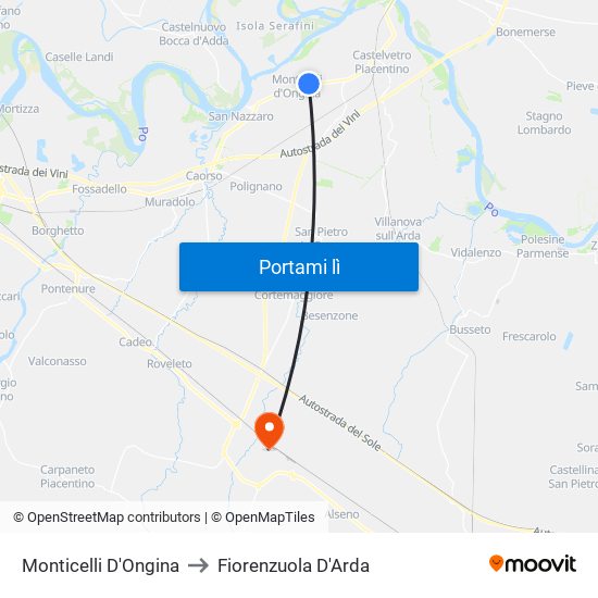 Monticelli D'Ongina to Fiorenzuola D'Arda map