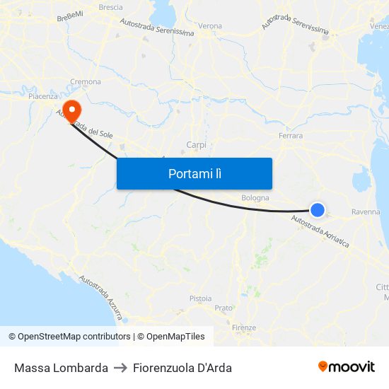 Massa Lombarda to Fiorenzuola D'Arda map