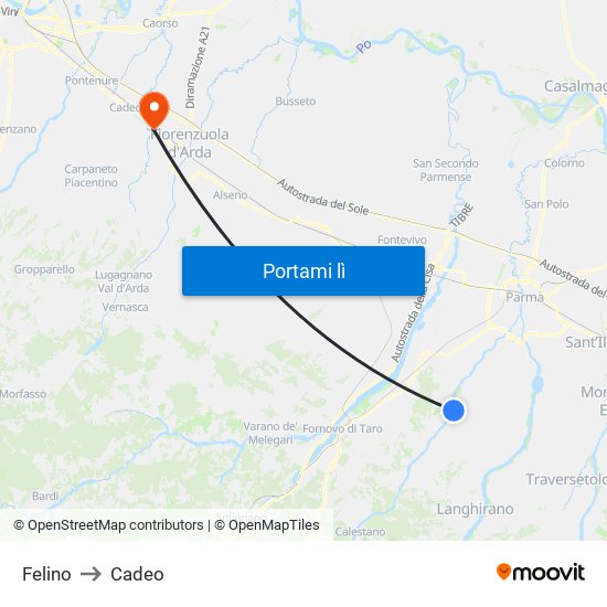 Felino to Cadeo map