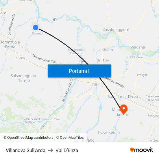Villanova Sull'Arda to Val D’Enza map