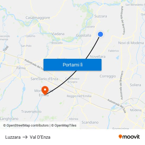 Luzzara to Val D’Enza map