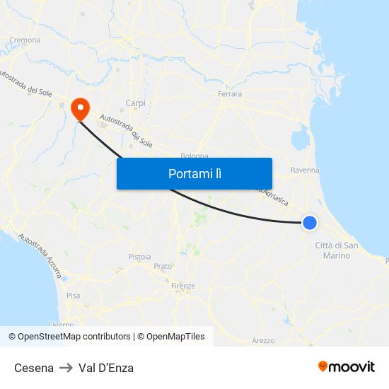 Cesena to Val D’Enza map