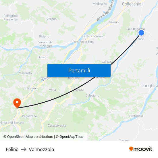 Felino to Valmozzola map