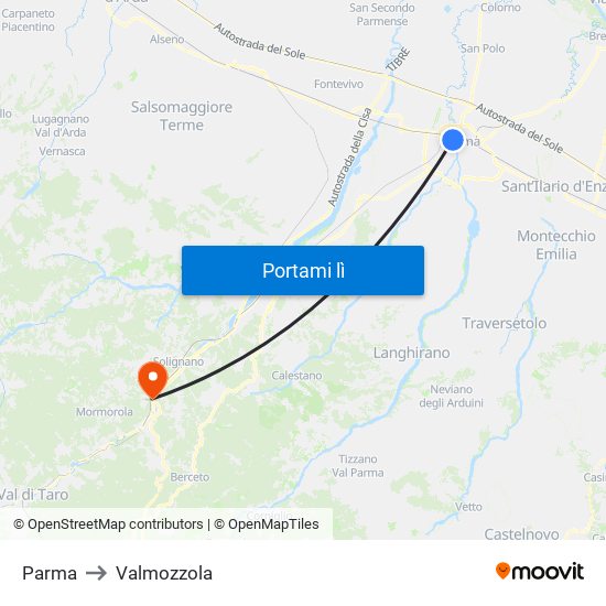 Parma to Valmozzola map