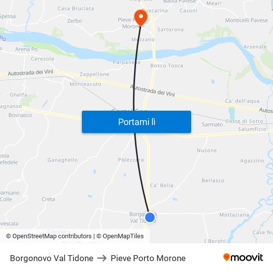 Borgonovo Val Tidone to Pieve Porto Morone map
