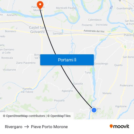 Rivergaro to Pieve Porto Morone map